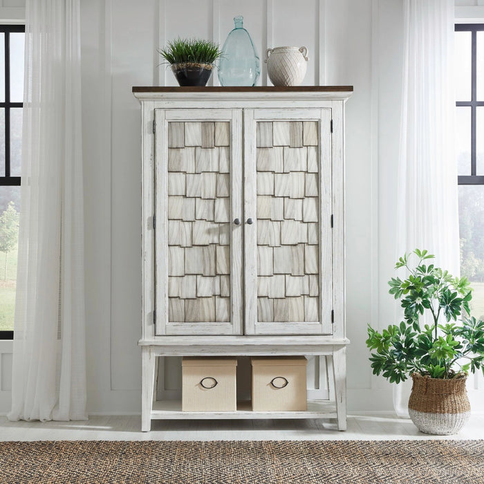 River Place Bar Cabinet in Riverstone White & Tobacco EST SHIP TIME APPX 4 WEEKS image