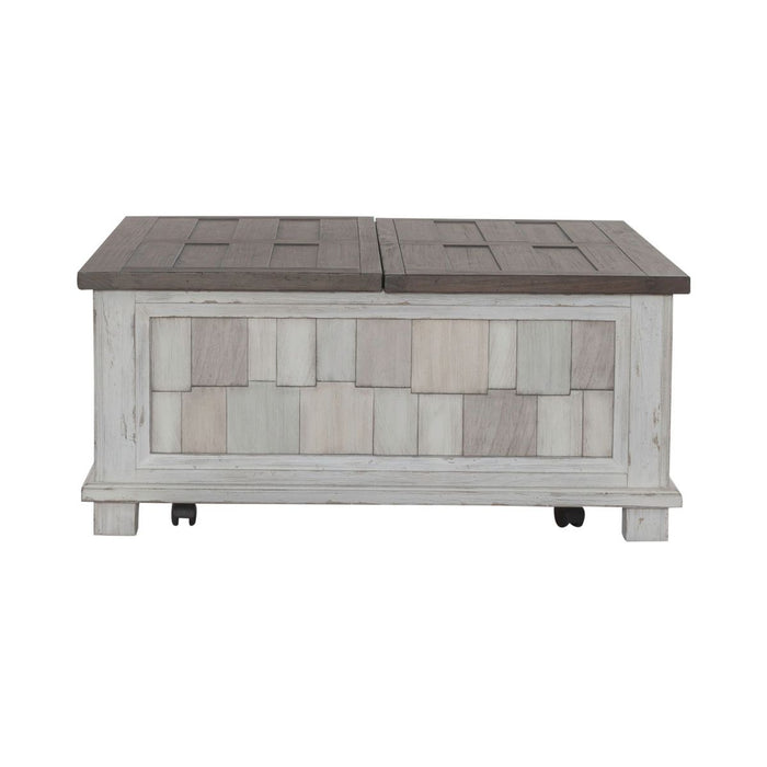 Liberty Furniture River Place Lift Top Storage Cocktail Table in Riverstone White & Tobacco