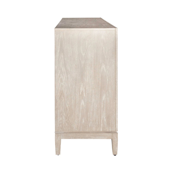 Kinsley 4 Door Accent Cabinet in Washed Taupe & Silver Champagne EST SHIP TIME APPX 4 WEEKS image