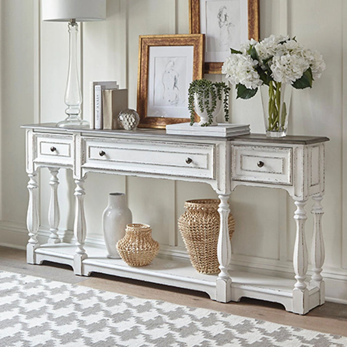 Magnolia Manor 72 Inch Hall Console Table in Antique White Base w/ Weathered Bark Tops image