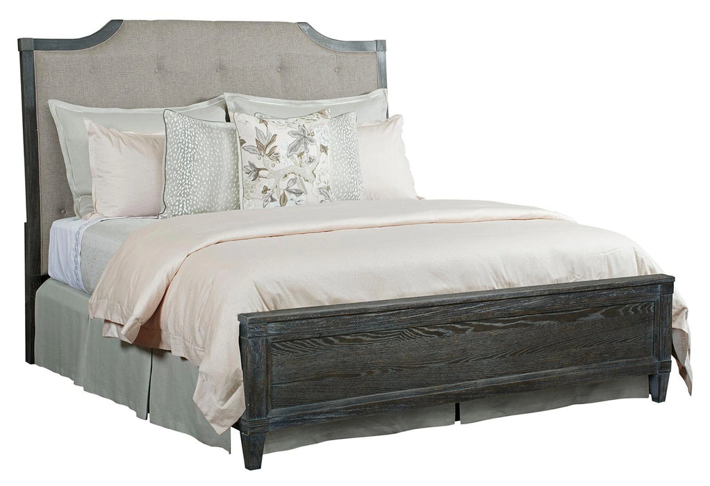American Drew Ardennes California King Lorraine Upholstered Panel Bed in Black Forest and Brindle