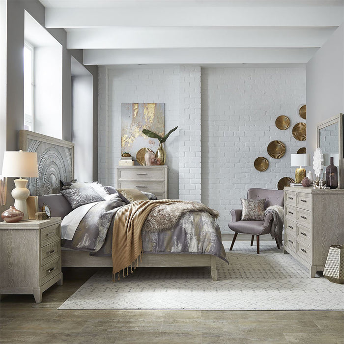 Liberty Furniture Belmar Cal King Panel Bed in Washed Taupe and Silver Champagne