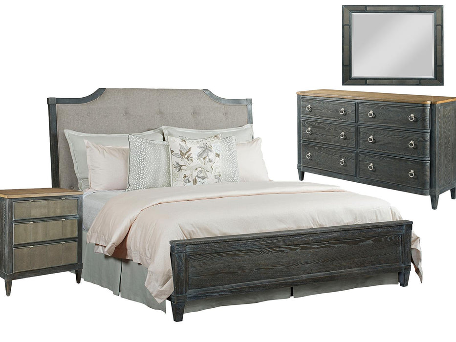 American Drew Ardennes California King Lorraine Upholstered Panel Bed in Black Forest and Brindle