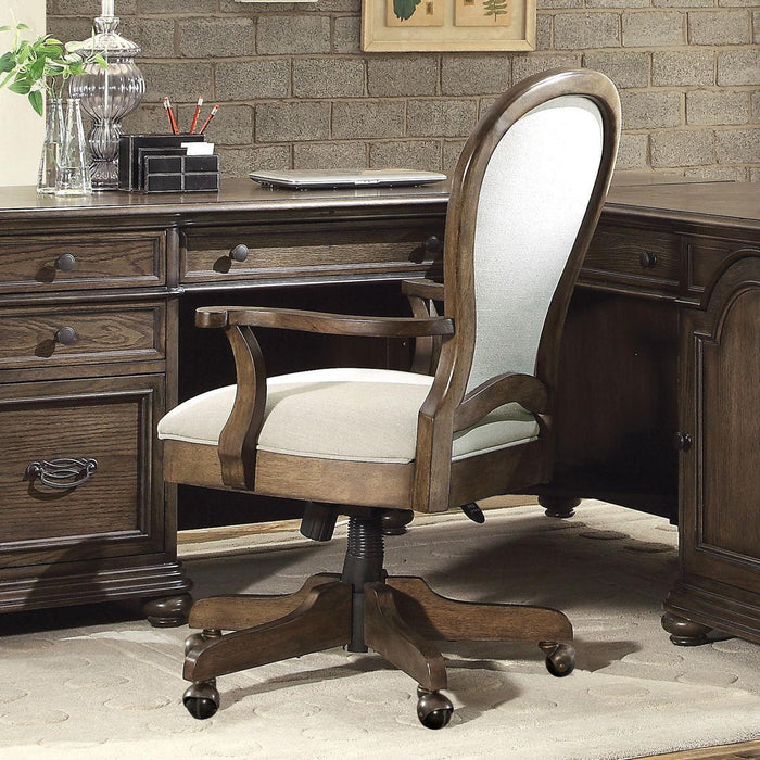 Riverside Belmeade Round Back Upholstered Desk Chair in Old World Oak