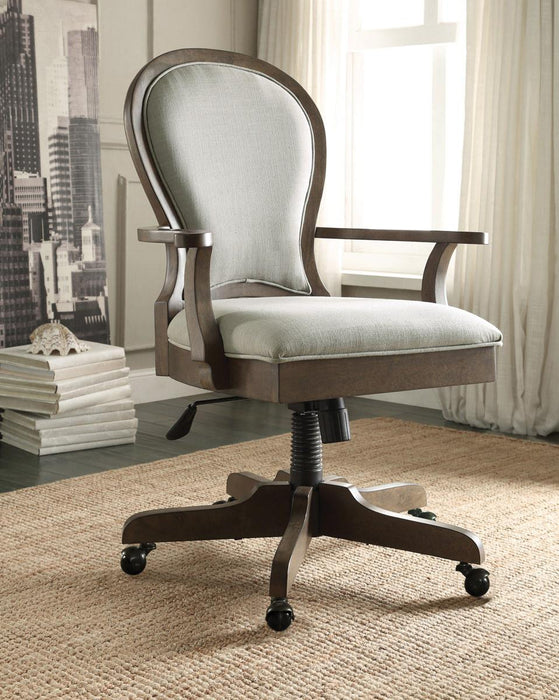 Riverside Belmeade Scroll Back Upholstered Desk Chair in Old World Oak