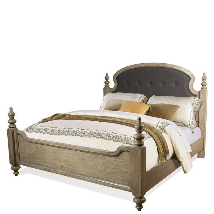 Riverside Corinne Queen Upholstered Poster Bed in Sun-Drenched Acacia