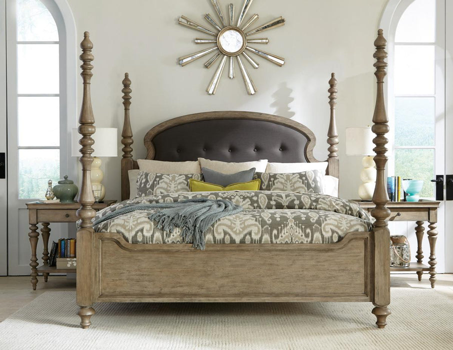 Riverside Corinne Queen Upholstered Poster Bed in Sun-Drenched Acacia