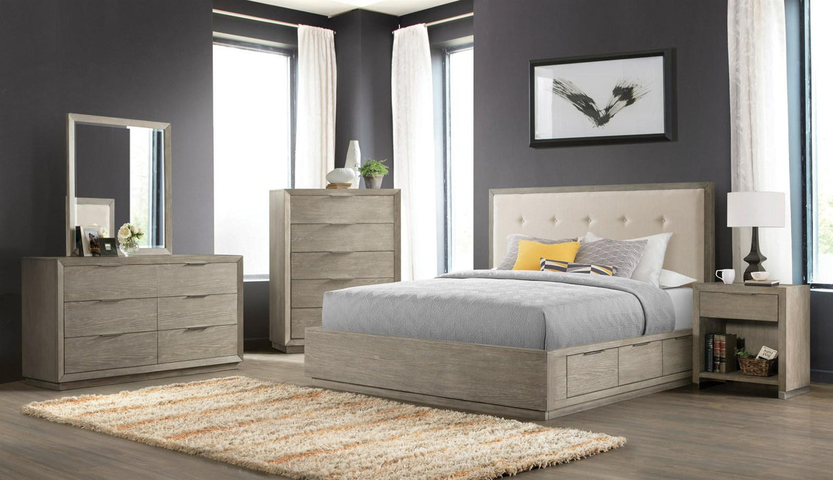 Riverside Zoey Queen Upholstered Panel Single Storage Bed in Urban Gray