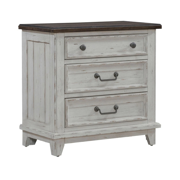 River Place 3 Drawer Nightstand with Charging Station in Riverstone White and Tobacco image